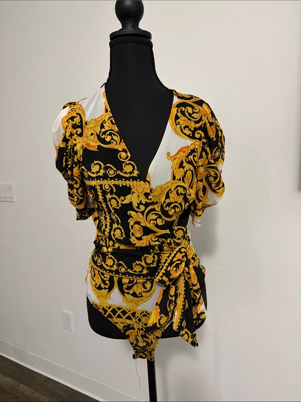 Fashion Nova Black, White & Gold Baroque Wrap Blouse
